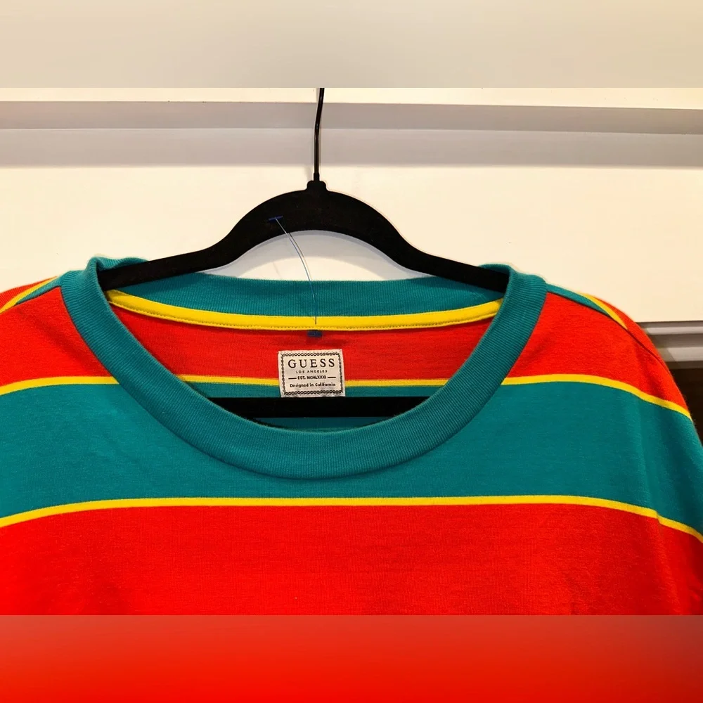 EUC Vintage Guess Size XL Men's Colorful Striped Tee in Red and Teal - Picture 7 of 11